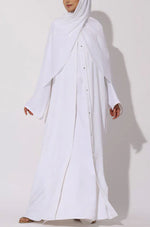 Load image into Gallery viewer, Elegant White Modest Maxi Dress with Detachable Overlay – Long Sleeve Abaya Style