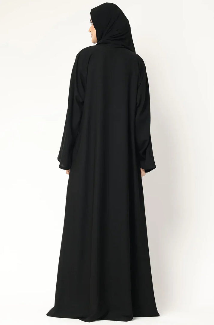 Black Layered Open Abaya with Snap Buttons – Modest Long Sleeve Abaya