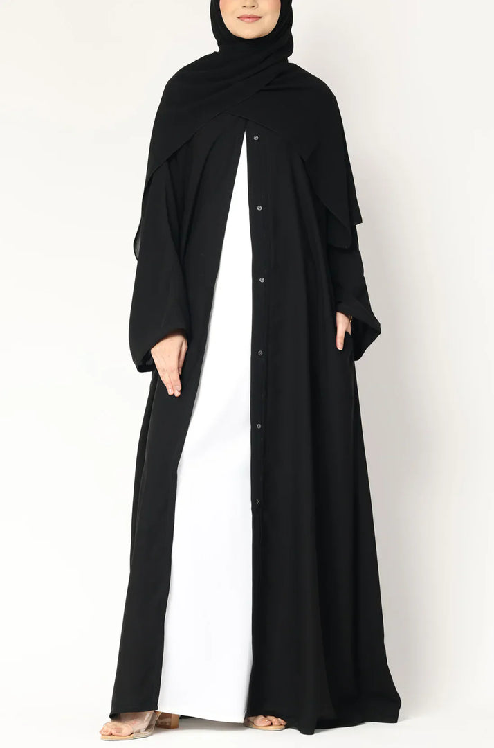 Black Layered Open Abaya with Snap Buttons – Modest Long Sleeve Abaya