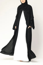 Load image into Gallery viewer, Black Layered Open Abaya with Snap Buttons – Modest Long Sleeve Abaya