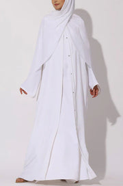 Elegant White Modest Maxi Dress with Detachable Overlay – Long Sleeve Abaya Style