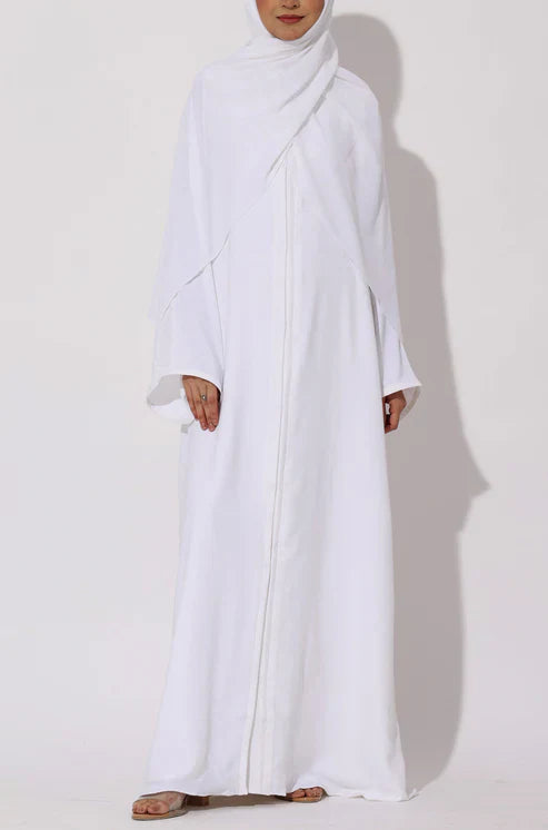 Elegant White Modest Maxi Dress with Detachable Overlay – Long Sleeve Abaya Style